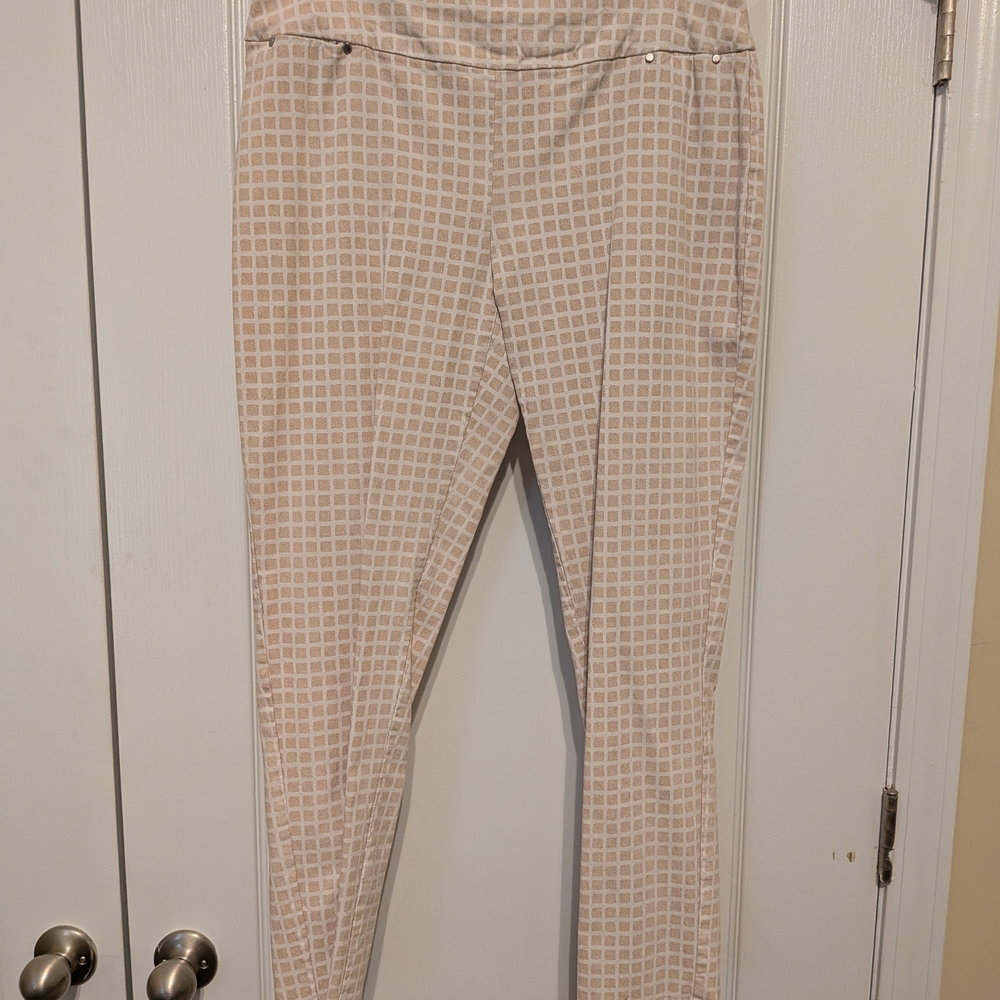 Cato Beige and White Grid-Print Skinny Pants